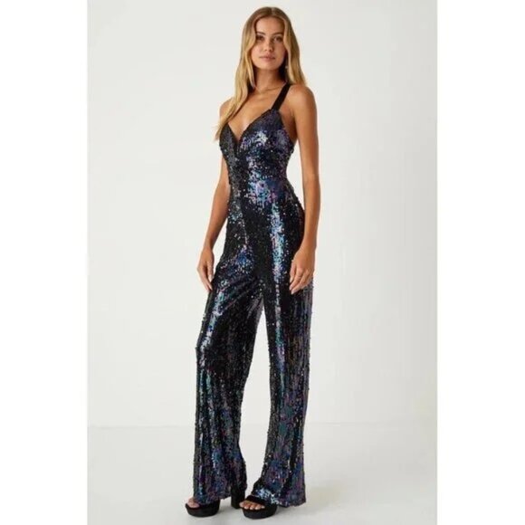 πͺ©π70s GLAM DISCO ERA!ππͺ© High-Shine Iridescent Black Sequin Lace-Up Jumpsuit - Picture 3 of 10